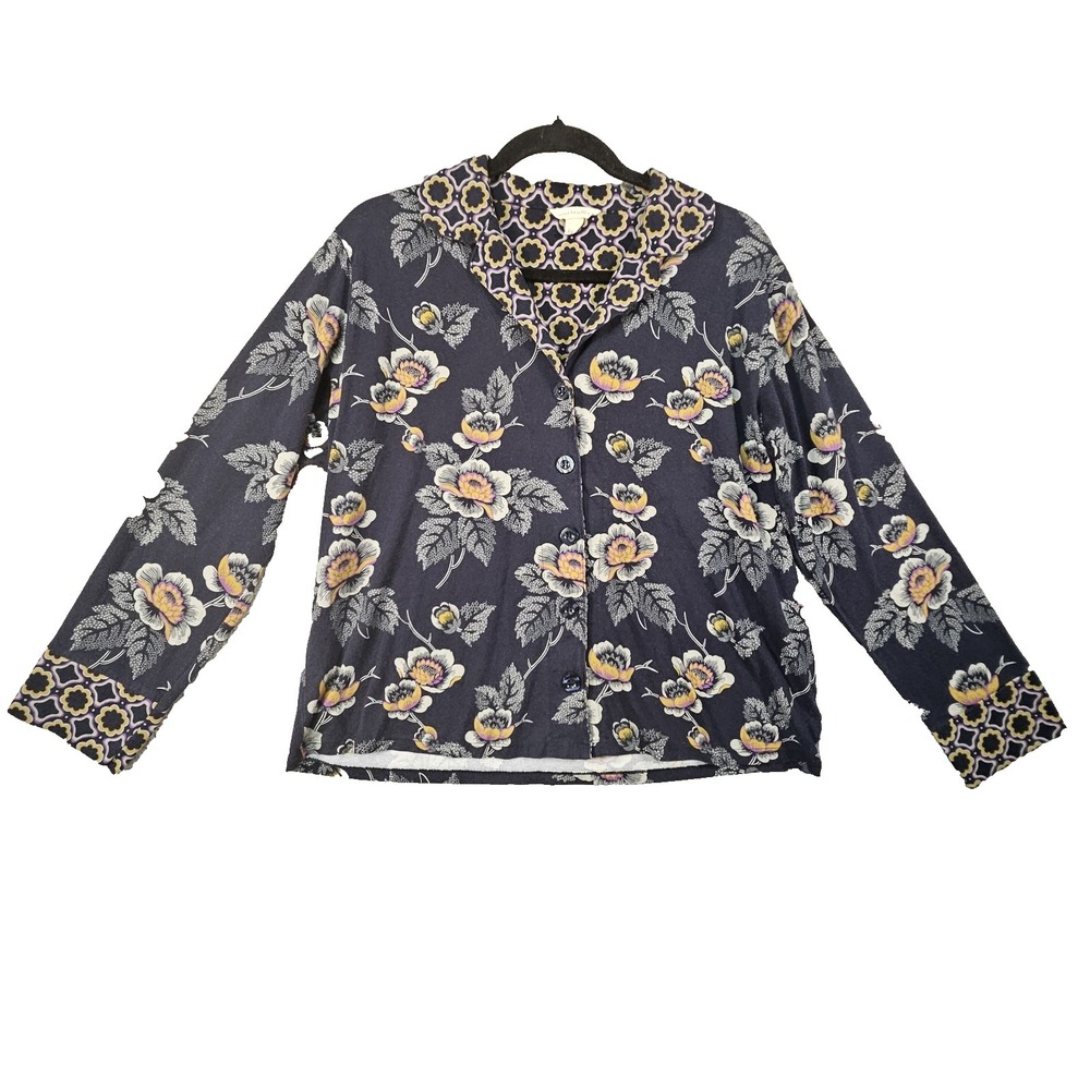 Vera Bradley Button Blouse M Navy Floral Cottagecore Botanical‎ Garden Party Top